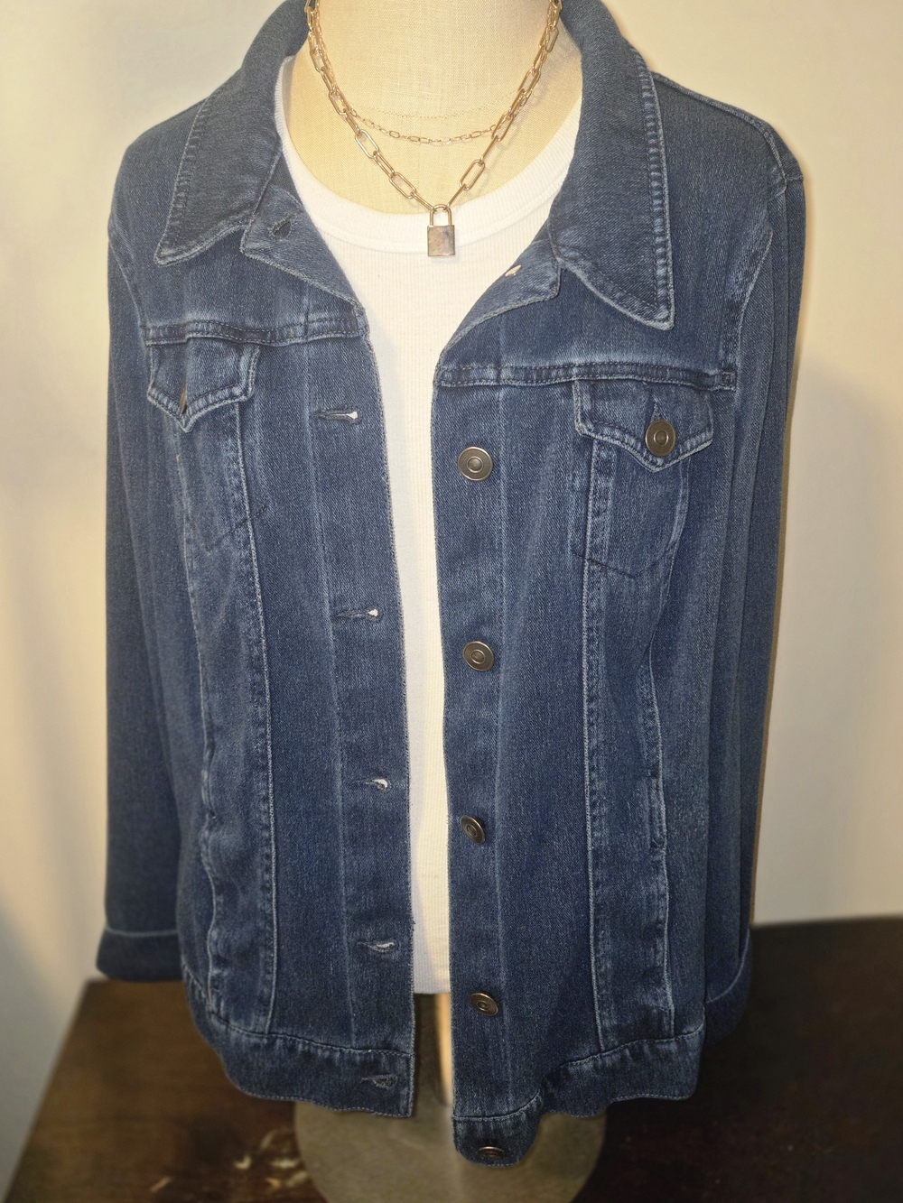 Gloria Vanderbilt Classic Women's Denim Jacket Button Up Stretch Dark Blue Large